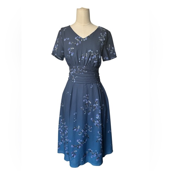 eShakti Wayward Fancies Dress XS 3/4 Sleeve Flare A Line Floral Blue Party midi - Picture 2 of 6